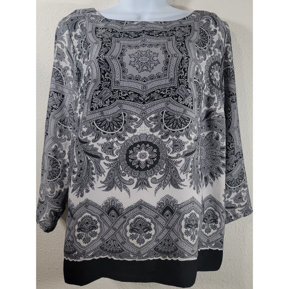 Willi Smith Black Gray White Floral Print Top Large Lightweight Soft Flowy - Picture 1 of 6
